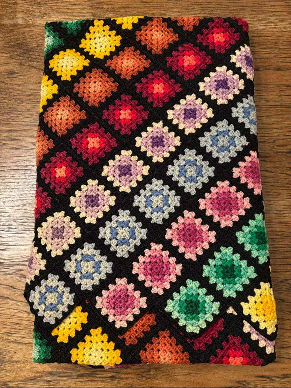 Vintage Hand Crocheted Granny Square Afghan 60x70 Jewel Tone Wool Blanket